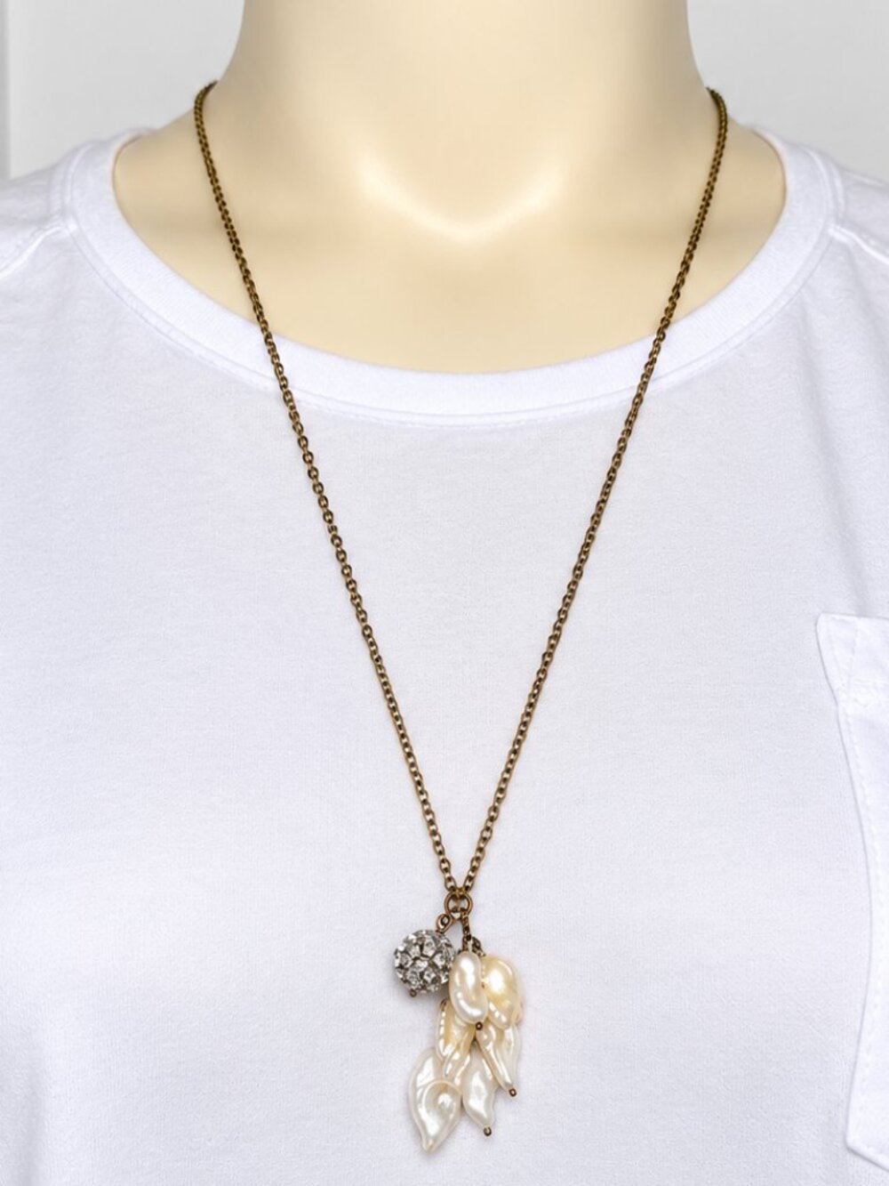 Pearl Cluster Rhinestone Pendant Long Necklace Antique Gold Tone
